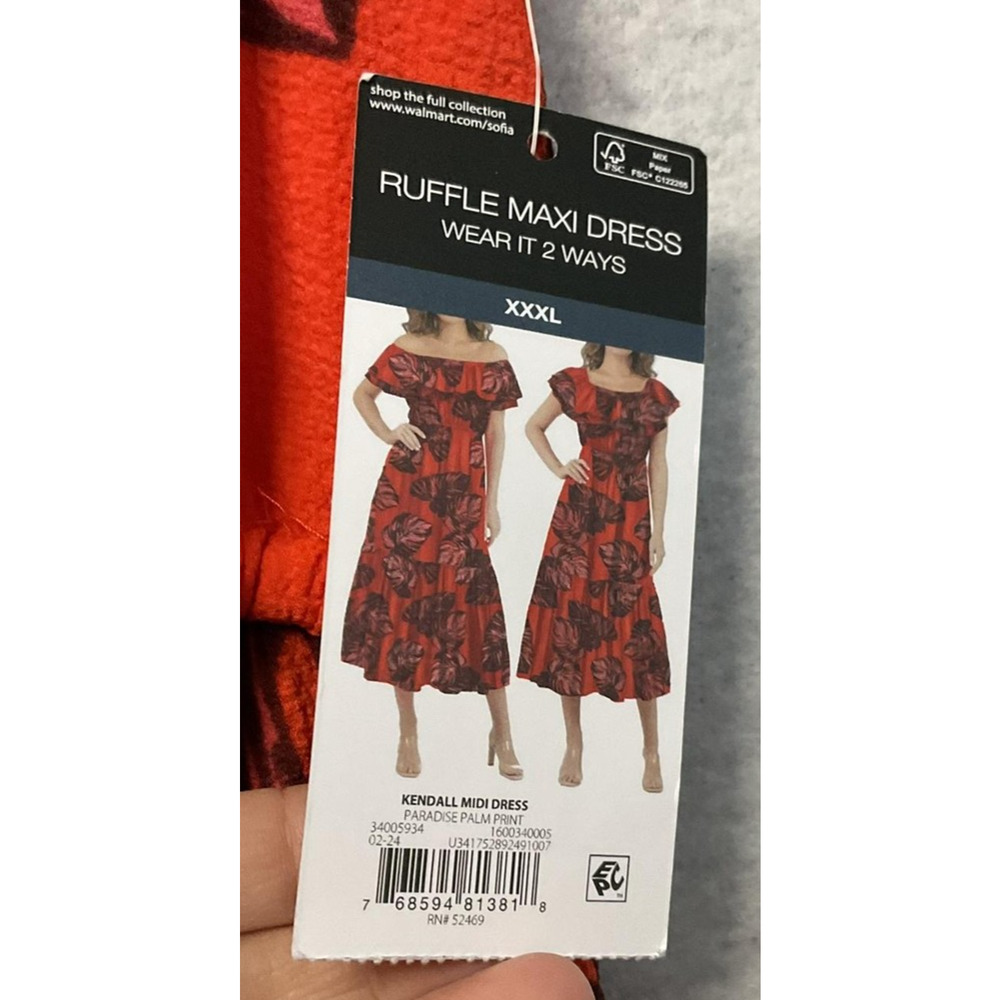 Sofia Jeans Dress Womens 3XL Orange Tropical Palm Print Ruffle Maxi Off Shoulder - Picture 2 of 11